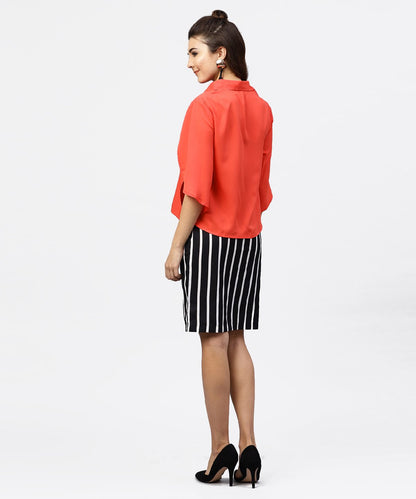 Red Cape Sleeves Formal Shirt Set With Midi Striped Skirt | LASVINI - Redefining Indian Fashion with Elegance