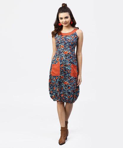Navy Blue Printed Ballon Dress With Roud Neck And Front Patch Pocket | LASVINI - Redefining Indian Fashion with Elegance