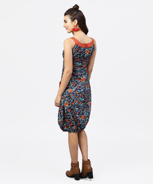 Navy Blue Printed Ballon Dress With Roud Neck And Front Patch Pocket | LASVINI - Redefining Indian Fashion with Elegance