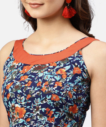 Navy Blue Printed Ballon Dress With Roud Neck And Front Patch Pocket | LASVINI - Redefining Indian Fashion with Elegance