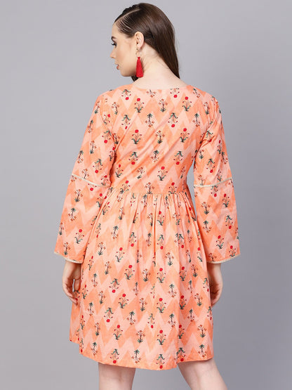 Peach Full Sleeve Cotton A-Line Dress | LASVINI - Redefining Indian Fashion with Elegance