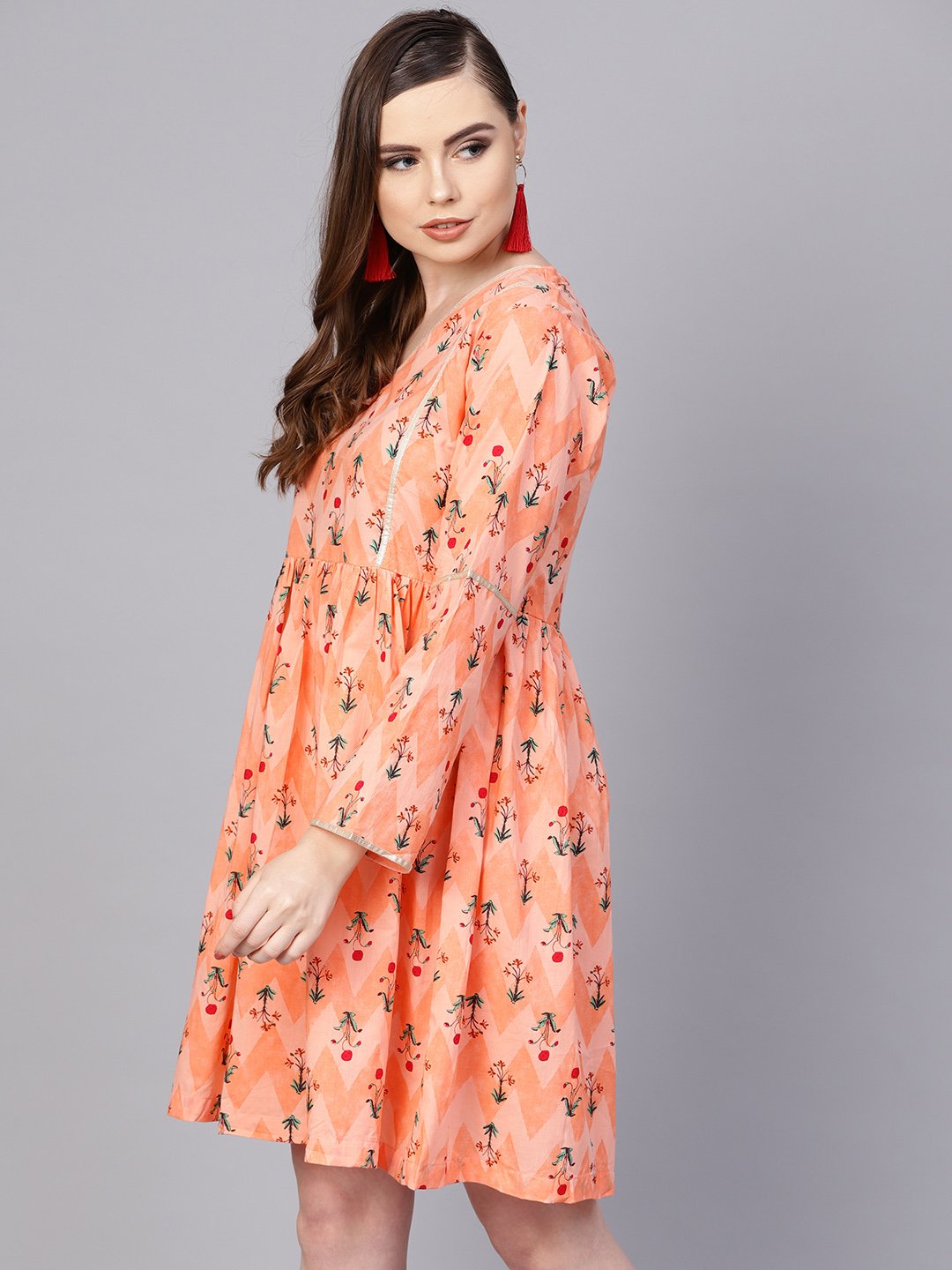 Peach Full Sleeve Cotton A-Line Dress | LASVINI - Redefining Indian Fashion with Elegance