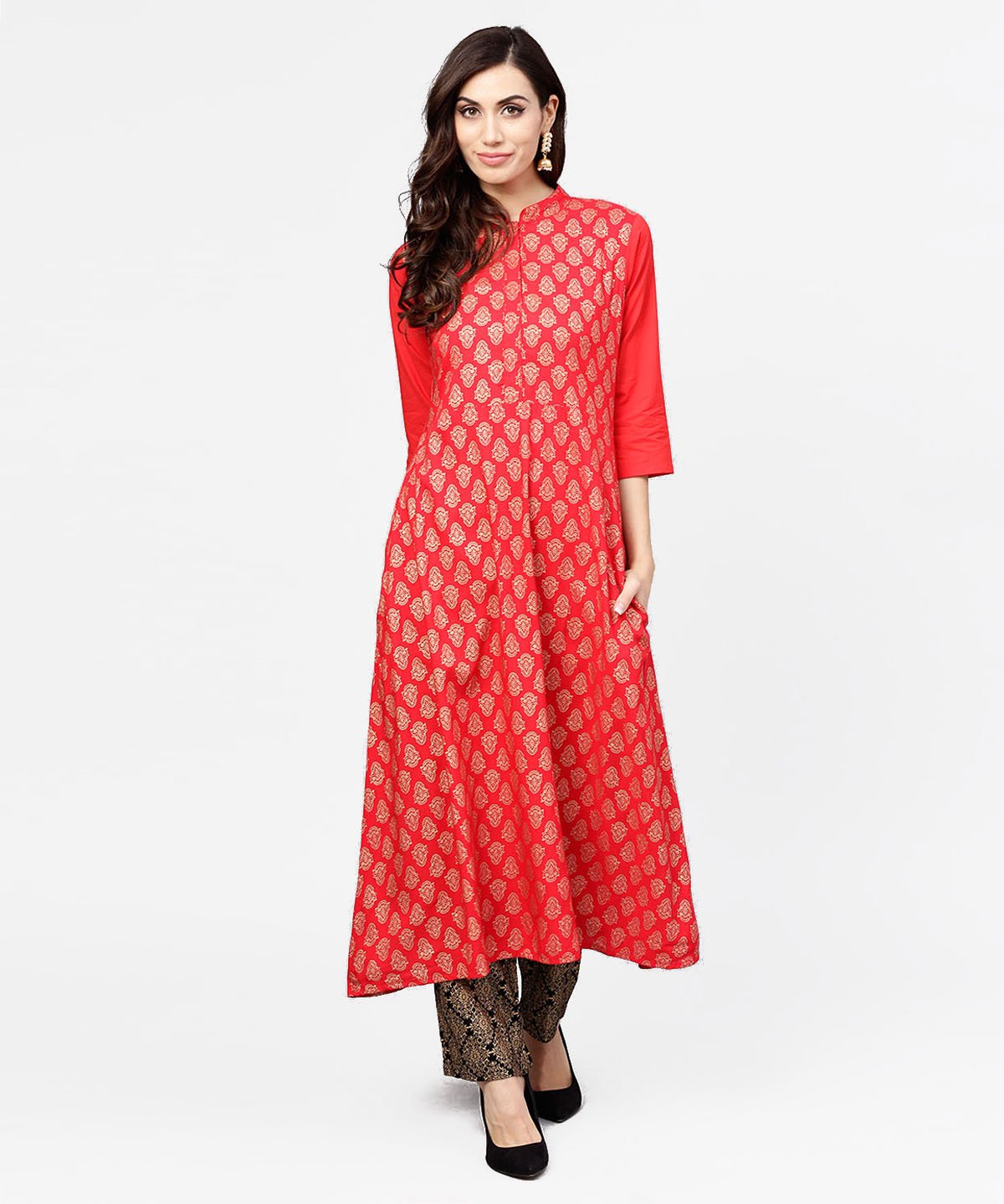Red Printed 3/4Th Sleeve Cotton Anarkali Kurta With Brown Printed Ankle Length Palazzo | LASVINI - Redefining Indian Fashion with Elegance
