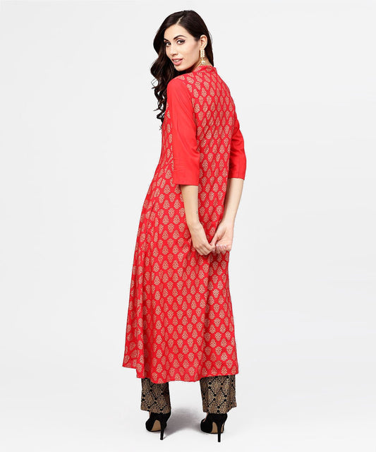 Red Printed 3/4Th Sleeve Cotton Anarkali Kurta With Brown Printed Ankle Length Palazzo | LASVINI - Redefining Indian Fashion with Elegance