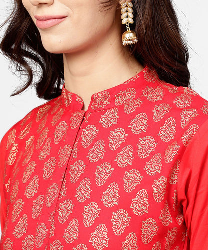 Red Printed 3/4Th Sleeve Cotton Anarkali Kurta With Brown Printed Ankle Length Palazzo | LASVINI - Redefining Indian Fashion with Elegance