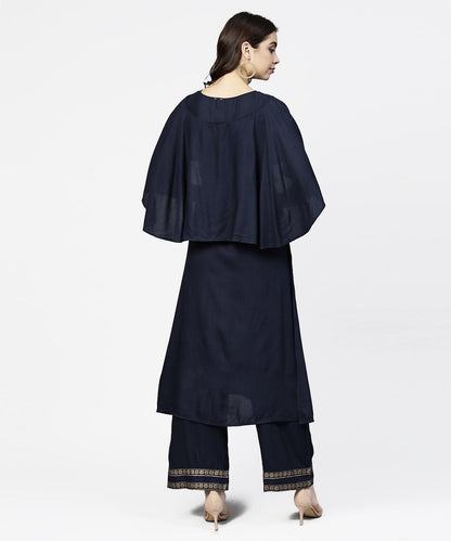 Navy Blue Yoke Printed 3/4Th Sleeve Cotton Yoke Printed Kurta With Ankle Length Palazzo | LASVINI - Redefining Indian Fashion with Elegance