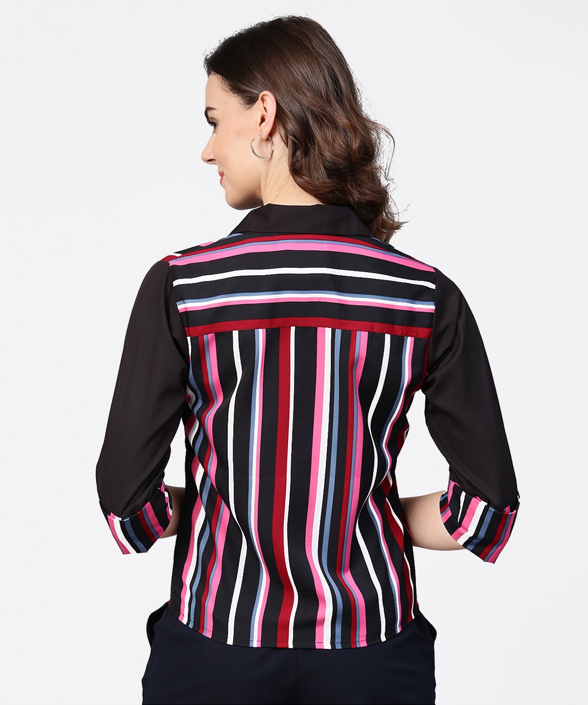 Black Striped Full Sleeve Crepe Tops | LASVINI - Redefining Indian Fashion with Elegance