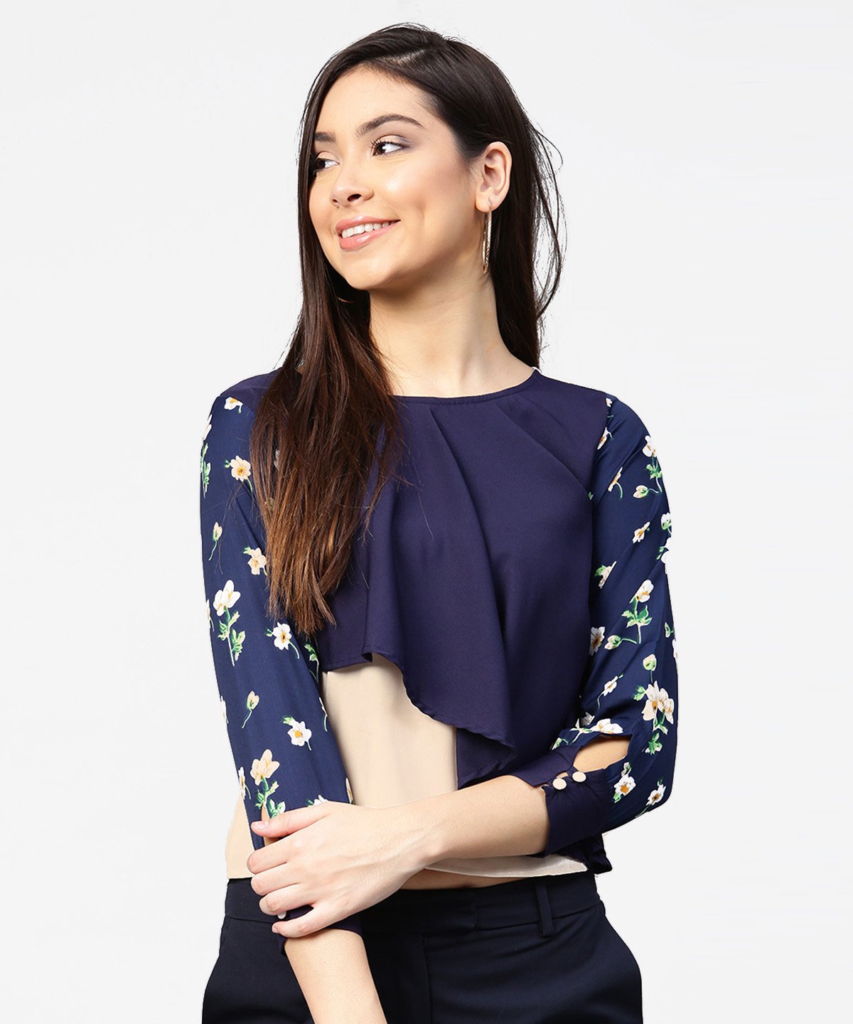 Blue Full Sleeve Asymmetric Layered Crepe Tops | LASVINI - Redefining Indian Fashion with Elegance