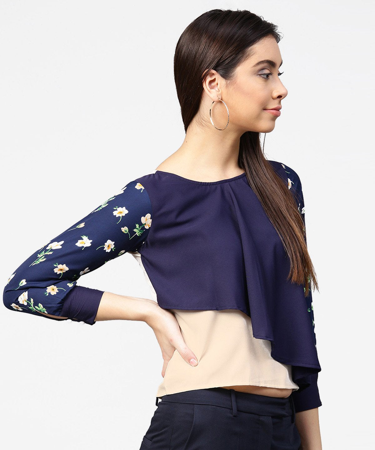 Blue Full Sleeve Asymmetric Layered Crepe Tops | LASVINI - Redefining Indian Fashion with Elegance