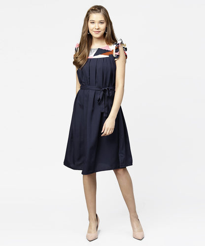 Navy Blue Yoke Printed A-Line Pleated Dress With Belt | LASVINI - Redefining Indian Fashion with Elegance