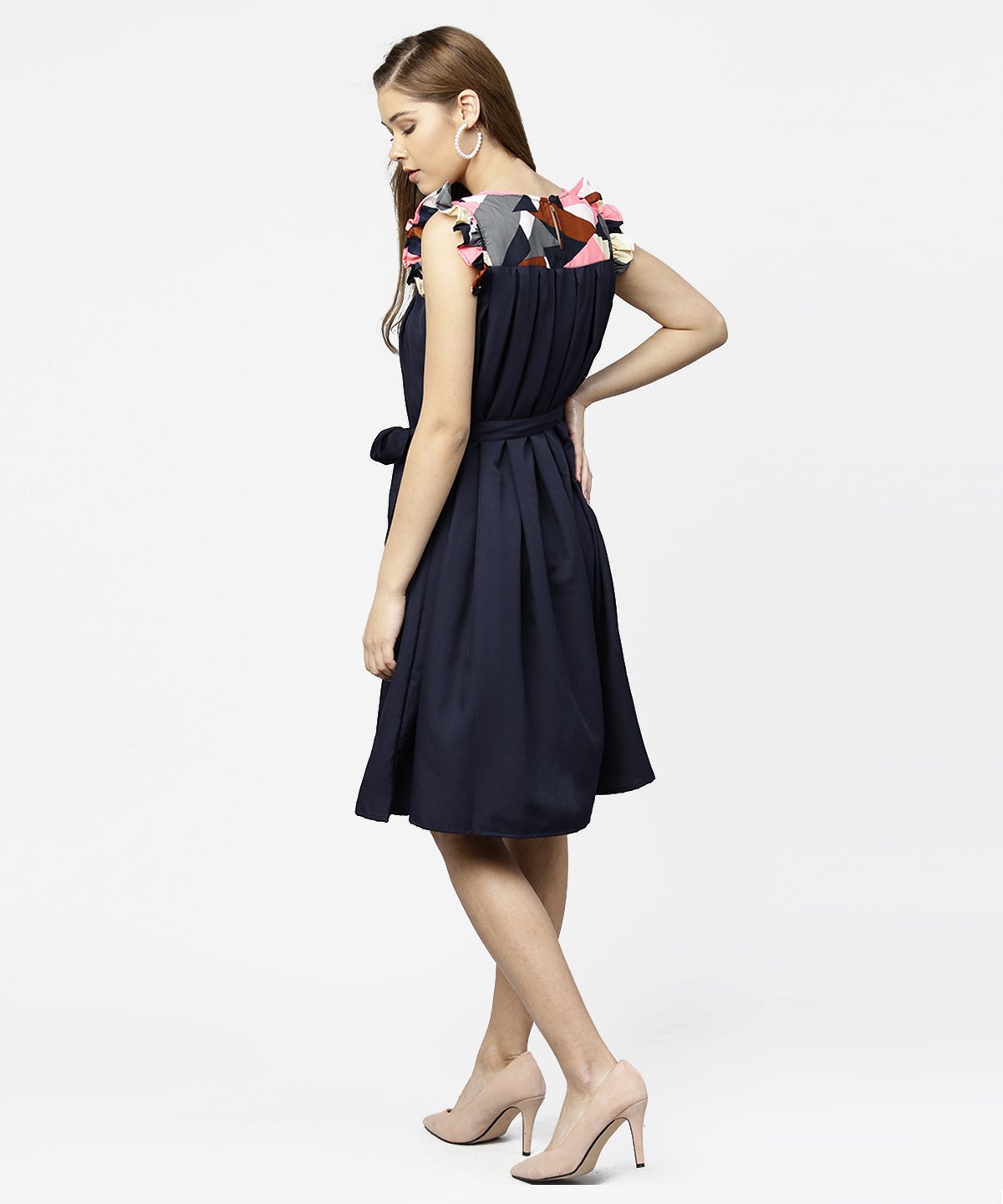 Navy Blue Yoke Printed A-Line Pleated Dress With Belt | LASVINI - Redefining Indian Fashion with Elegance