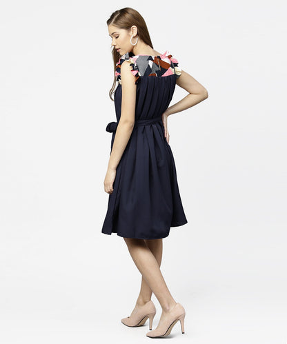 Navy Blue Yoke Printed A-Line Pleated Dress With Belt | LASVINI - Redefining Indian Fashion with Elegance