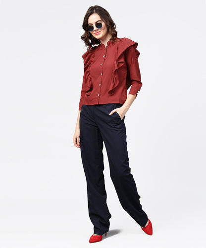 Maroon Full Sleeve Crepe Tops With Layred Design At Front | LASVINI - Redefining Indian Fashion with Elegance