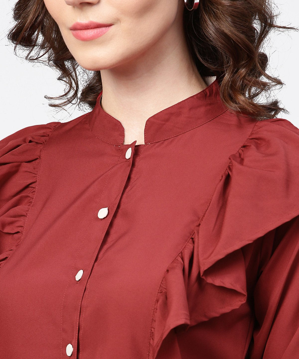 Maroon Full Sleeve Crepe Tops With Layred Design At Front | LASVINI - Redefining Indian Fashion with Elegance