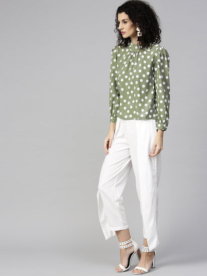 Women Olive Green & White Printed Top With Trousers | LASVINI - Redefining Indian Fashion with Elegance
