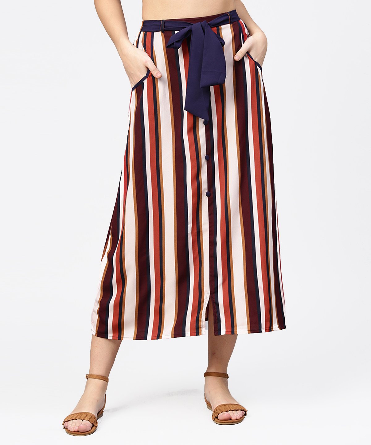 Multi Printed Ankle Length Flared Skirt With Button Work At Front | LASVINI - Redefining Indian Fashion with Elegance