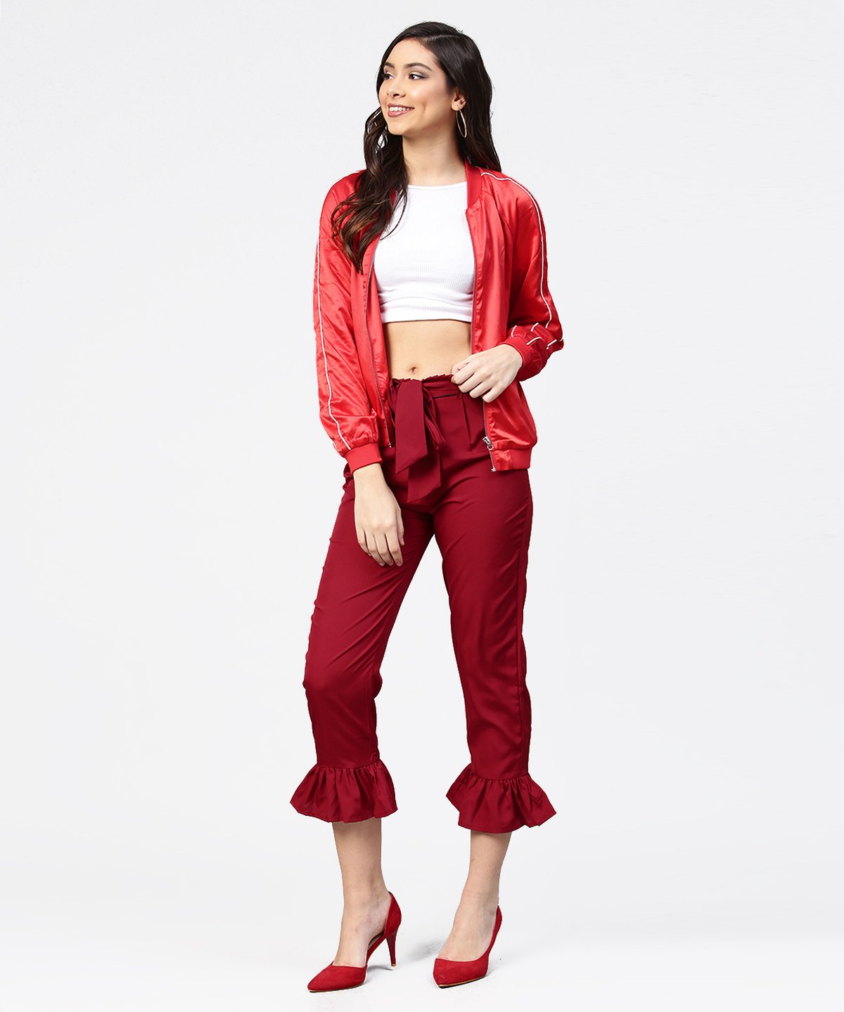 Maroon Ankle Length Crepe Straight Palazzo With Belt | LASVINI - Redefining Indian Fashion with Elegance