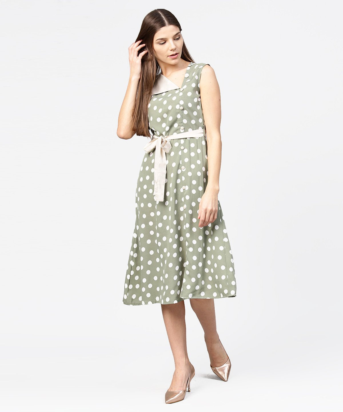 Green Polka Dot Printed Sleeveless A-Line Dress With Belt | LASVINI - Redefining Indian Fashion with Elegance