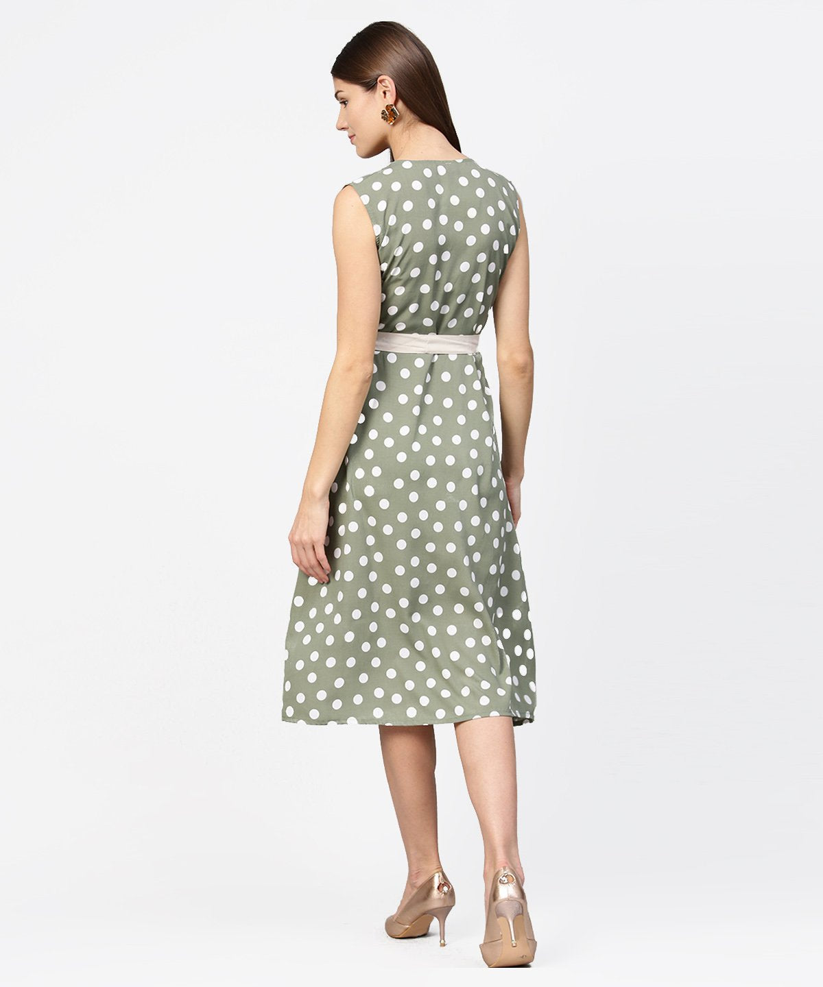 Green Polka Dot Printed Sleeveless A-Line Dress With Belt | LASVINI - Redefining Indian Fashion with Elegance