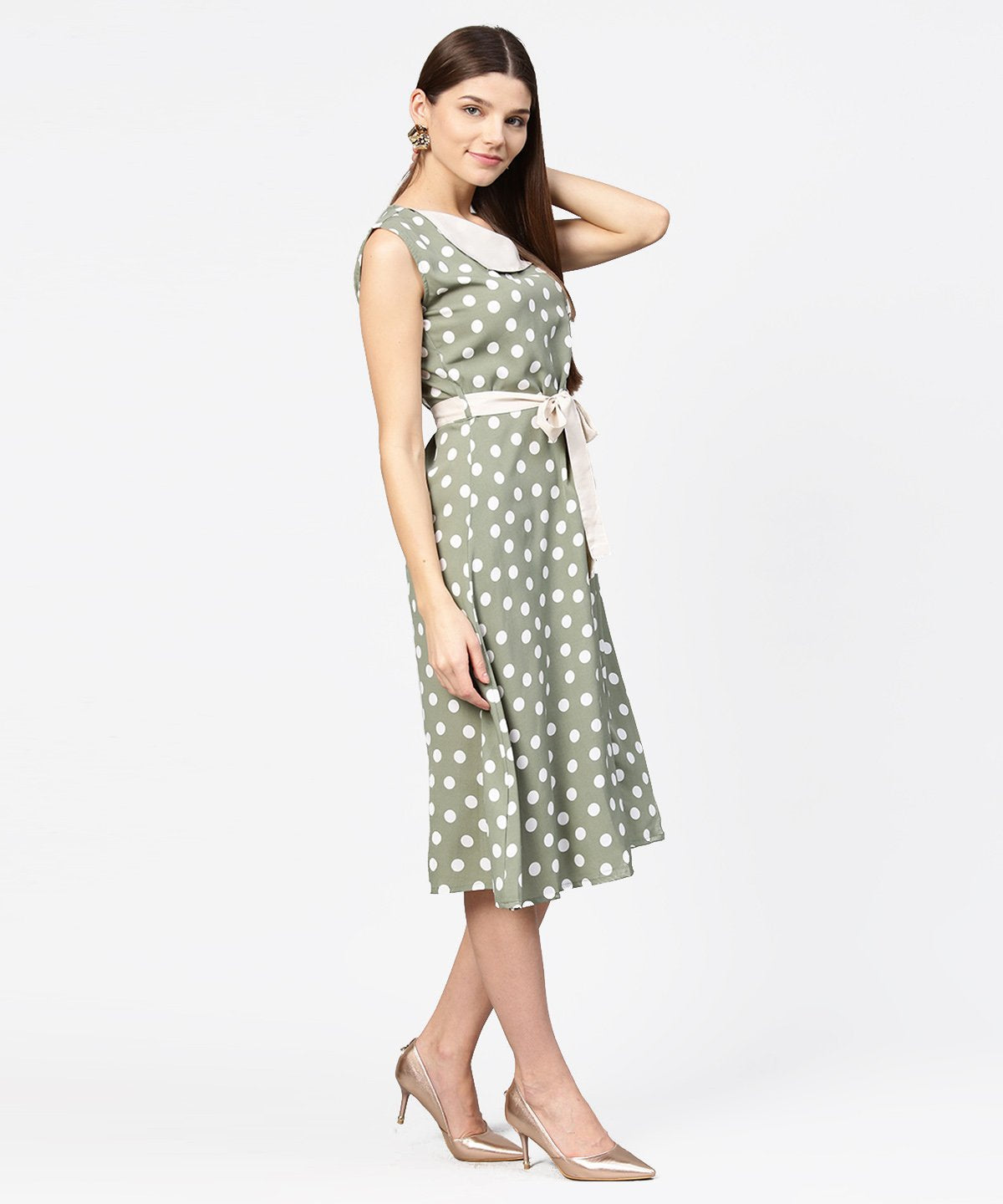 Green Polka Dot Printed Sleeveless A-Line Dress With Belt | LASVINI - Redefining Indian Fashion with Elegance