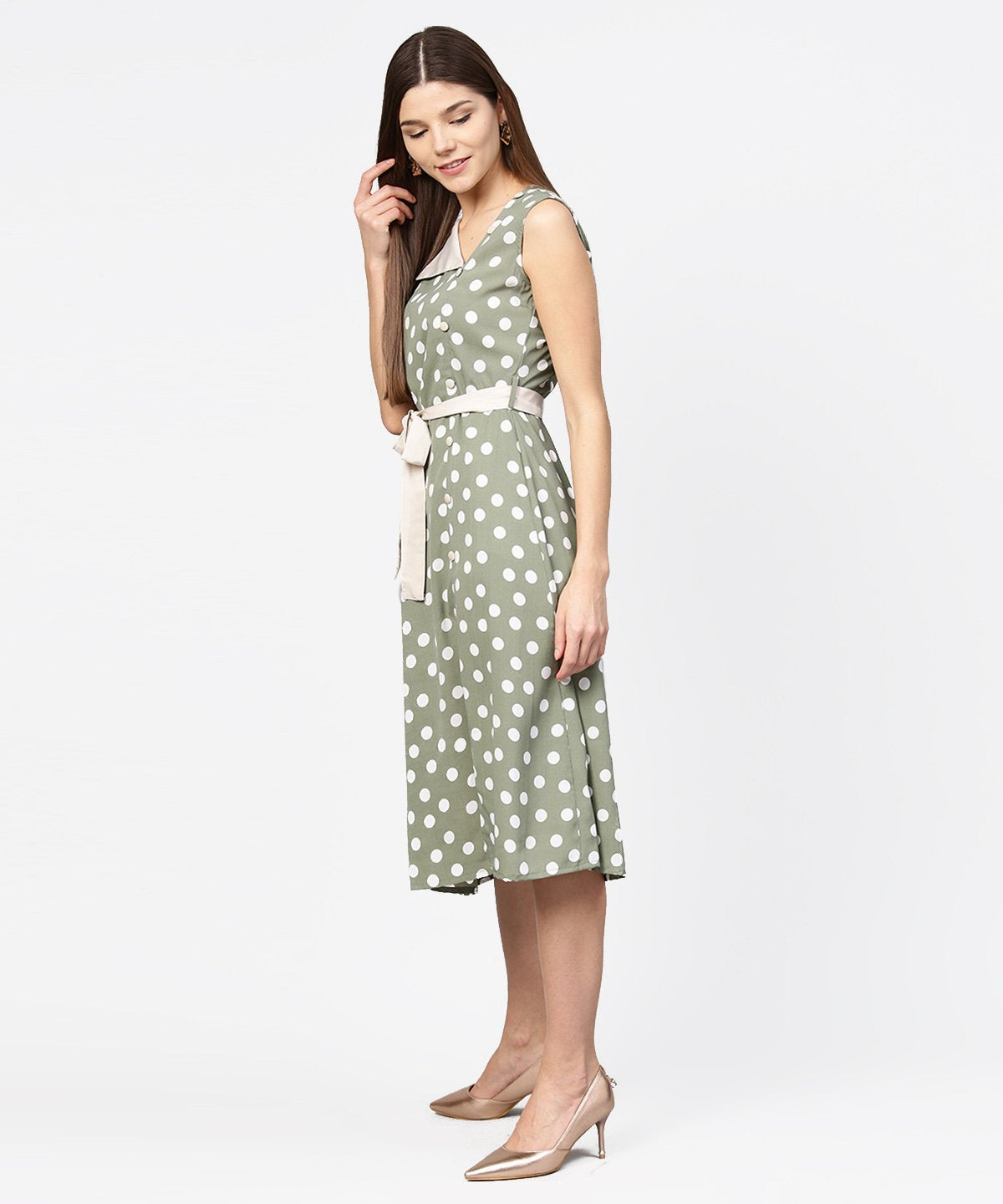 Green Polka Dot Printed Sleeveless A-Line Dress With Belt | LASVINI - Redefining Indian Fashion with Elegance
