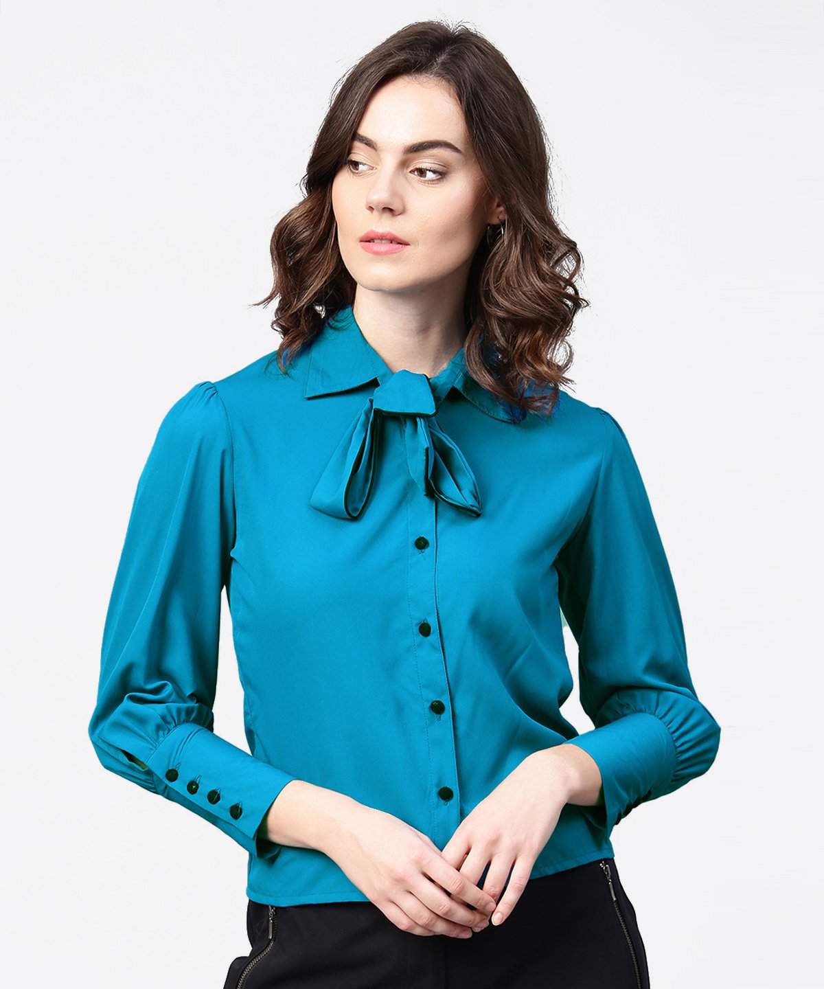 Blue Full Sleeve Crepe Shirt With Tye Design At Front | LASVINI - Redefining Indian Fashion with Elegance