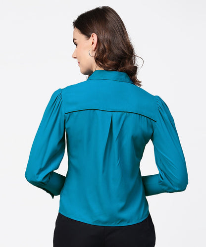 Blue Full Sleeve Crepe Shirt With Tye Design At Front | LASVINI - Redefining Indian Fashion with Elegance