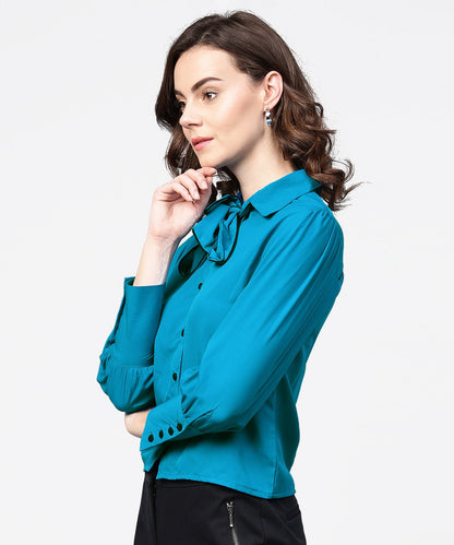 Blue Full Sleeve Crepe Shirt With Tye Design At Front | LASVINI - Redefining Indian Fashion with Elegance