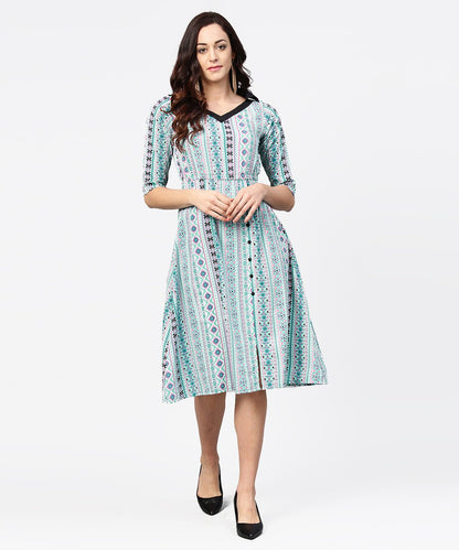 Blue Printed 3/4Th Sleeve A-Line Dress | LASVINI - Redefining Indian Fashion with Elegance