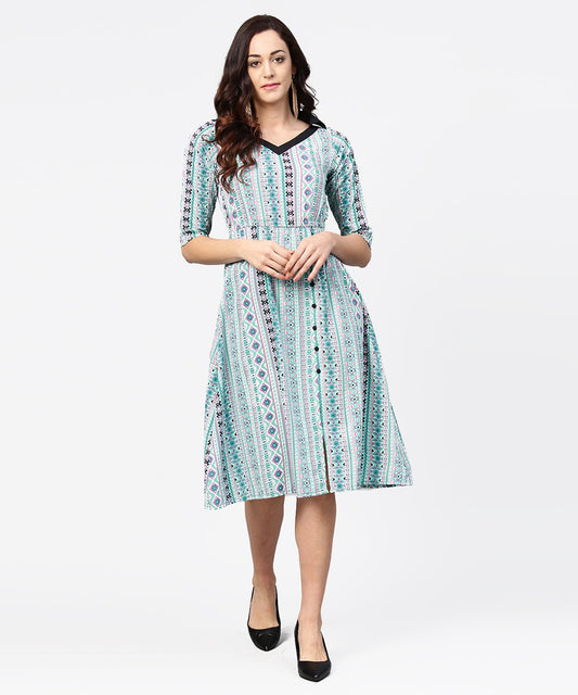 Blue Printed 3/4Th Sleeve A-Line Dress | LASVINI - Redefining Indian Fashion with Elegance