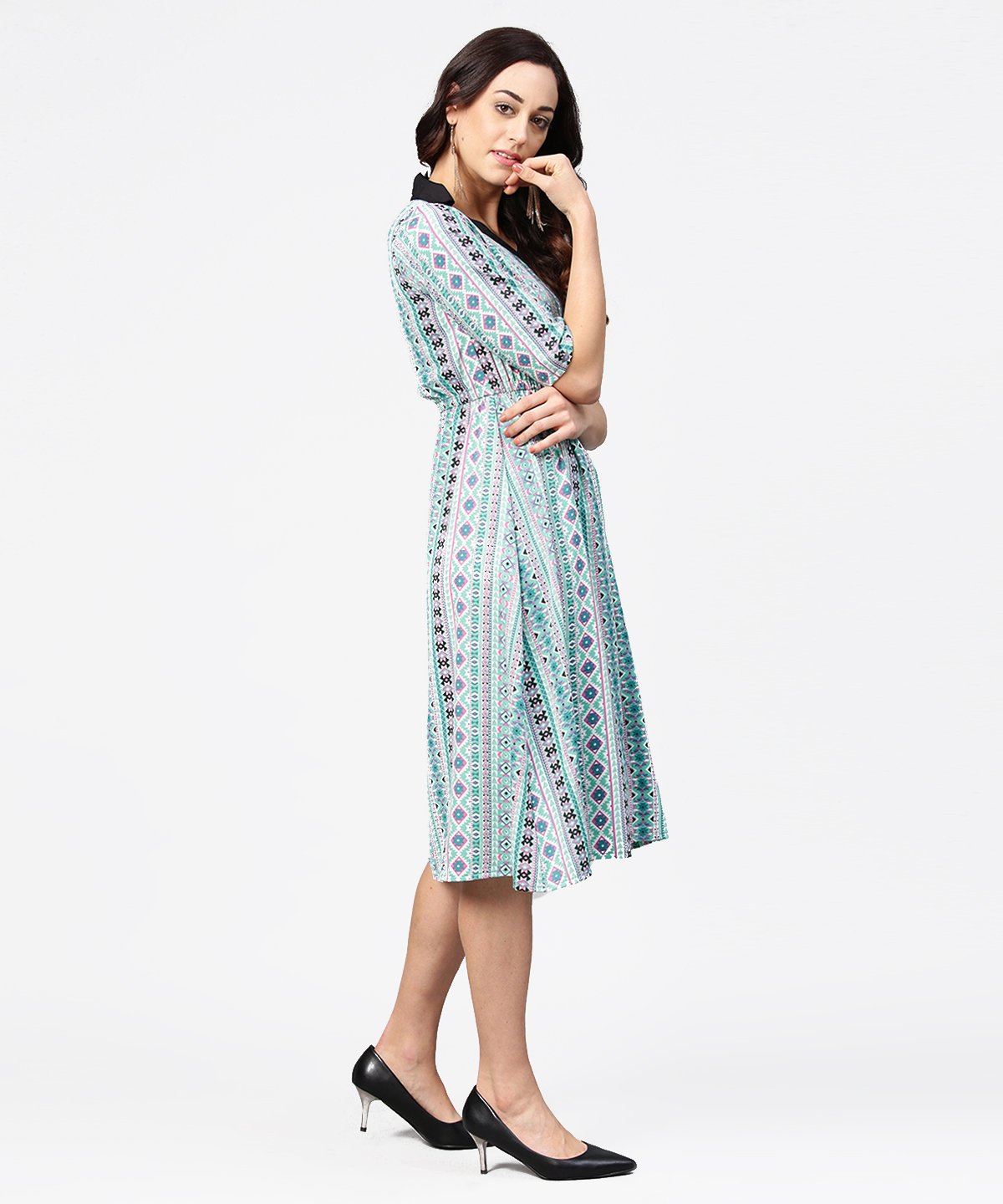 Blue Printed 3/4Th Sleeve A-Line Dress | LASVINI - Redefining Indian Fashion with Elegance