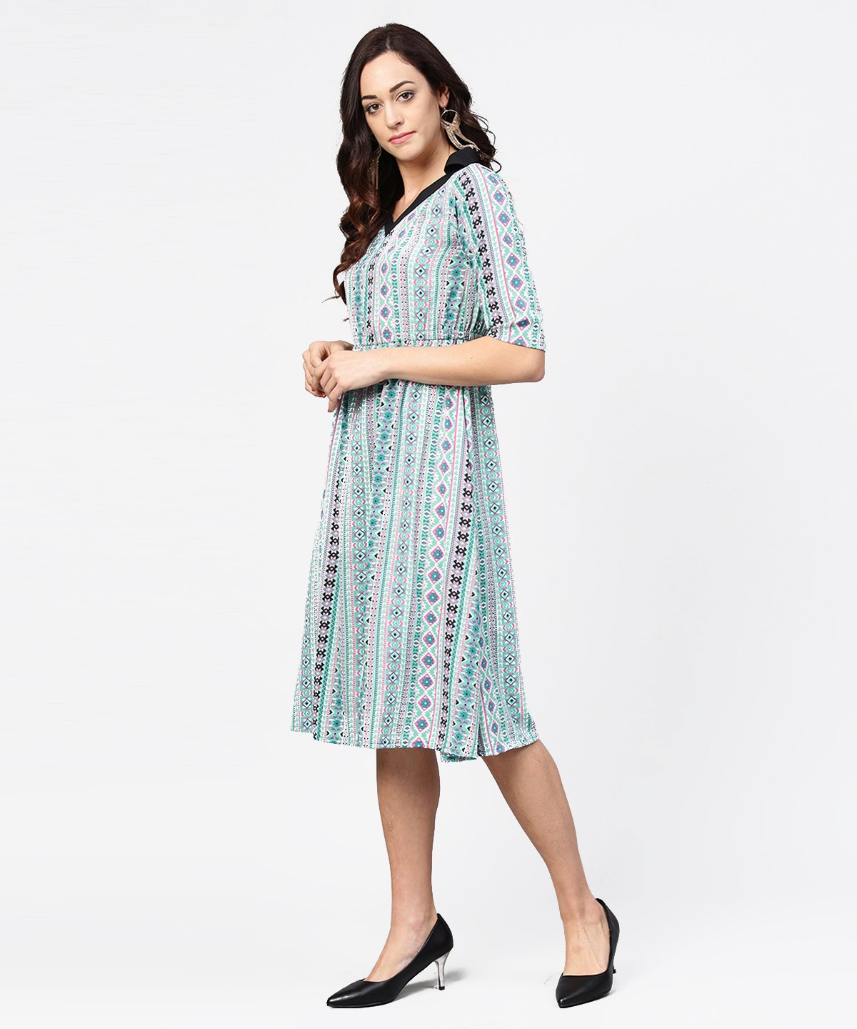 Blue Printed 3/4Th Sleeve A-Line Dress | LASVINI - Redefining Indian Fashion with Elegance