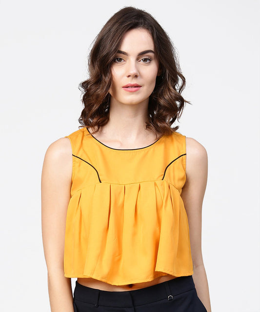 Yellow Crepe Sleeveless Pleated Tops | LASVINI - Redefining Indian Fashion with Elegance