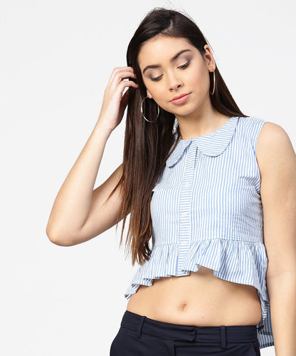 Blue Striped Cotton Sleeveless Front Open Top | LASVINI - Redefining Indian Fashion with Elegance
