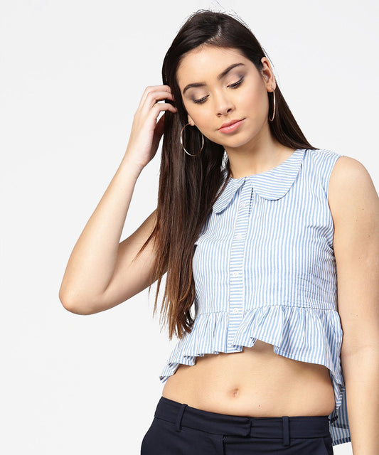 Blue Striped Cotton Sleeveless Front Open Top | LASVINI - Redefining Indian Fashion with Elegance