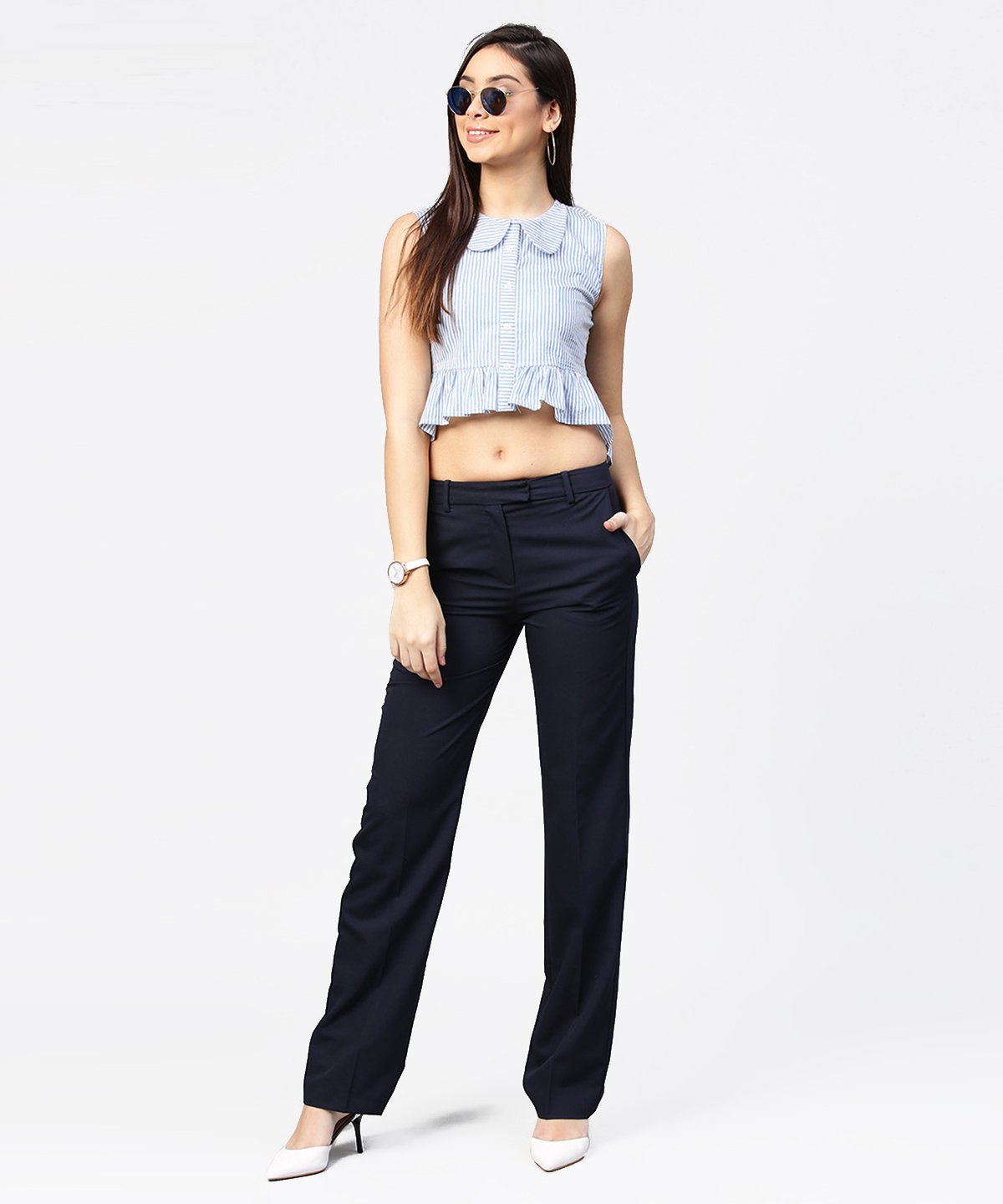 Blue Striped Cotton Sleeveless Front Open Top | LASVINI - Redefining Indian Fashion with Elegance