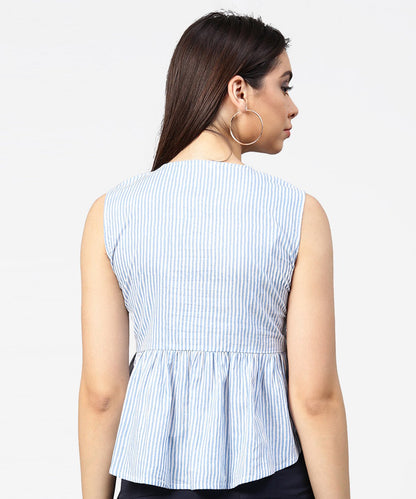 Blue Striped Cotton Sleeveless Front Open Top | LASVINI - Redefining Indian Fashion with Elegance