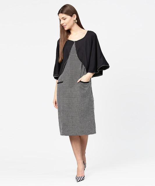 Black Check Printed Flared Sleeve Double Pocket Dress | LASVINI - Redefining Indian Fashion with Elegance