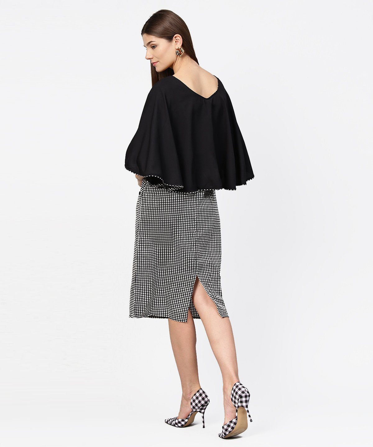 Black Check Printed Flared Sleeve Double Pocket Dress | LASVINI - Redefining Indian Fashion with Elegance