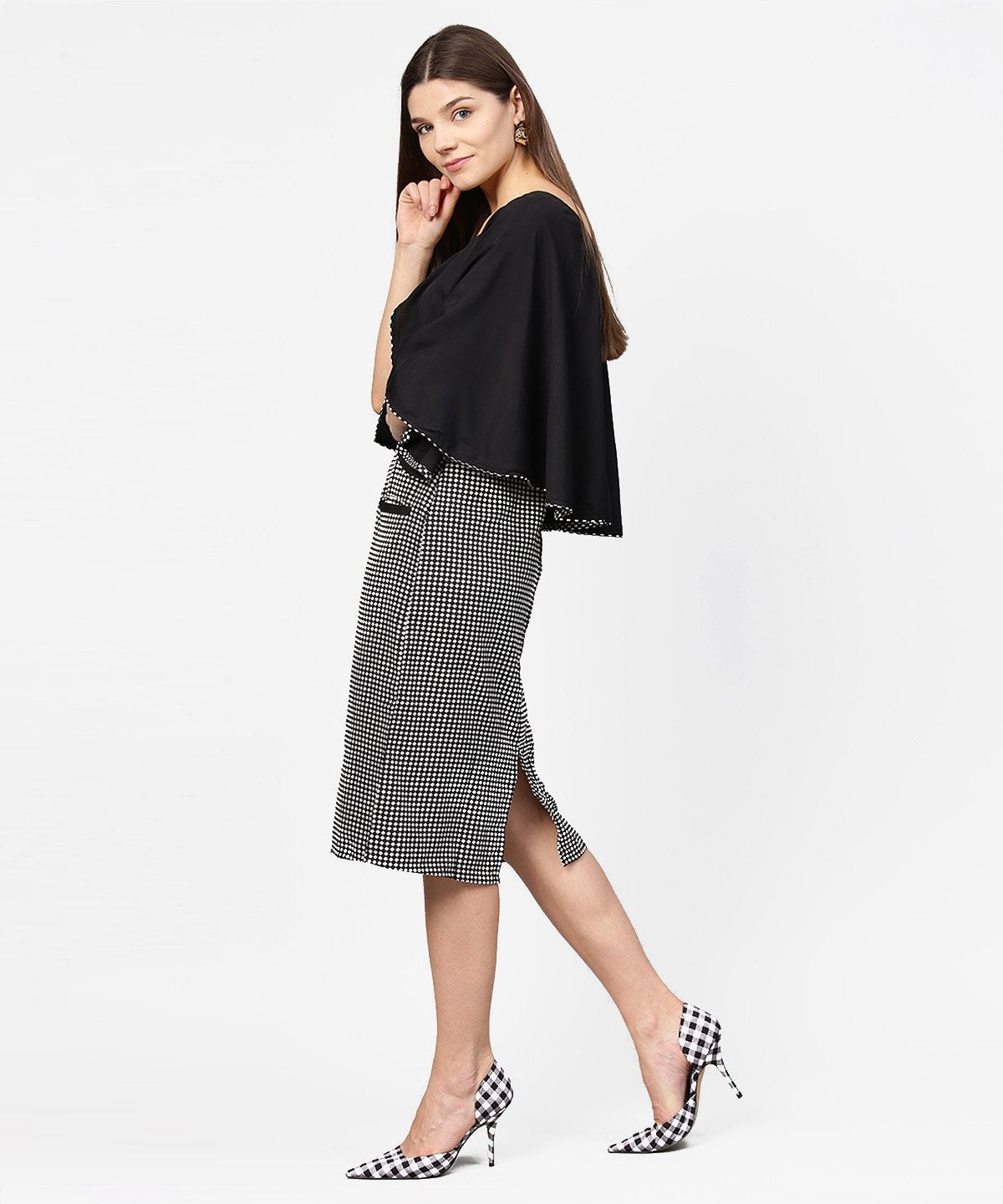 Black Check Printed Flared Sleeve Double Pocket Dress | LASVINI - Redefining Indian Fashion with Elegance