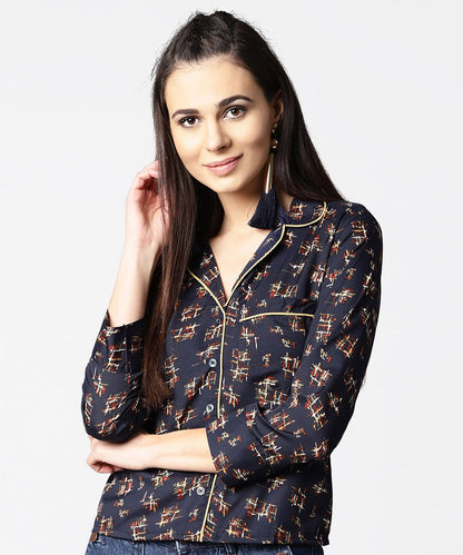 Navy Blue Front Placket Printed Top With Notched Collar & Full Sleeve | LASVINI - Redefining Indian Fashion with Elegance