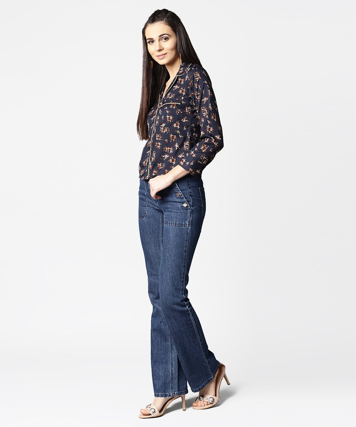 Navy Blue Front Placket Printed Top With Notched Collar & Full Sleeve | LASVINI - Redefining Indian Fashion with Elegance