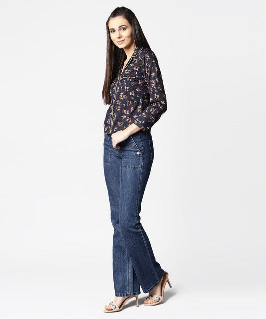 Navy Blue Front Placket Printed Top With Notched Collar & Full Sleeve | LASVINI - Redefining Indian Fashion with Elegance