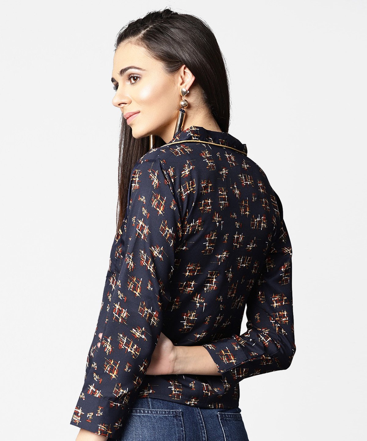 Navy Blue Front Placket Printed Top With Notched Collar & Full Sleeve | LASVINI - Redefining Indian Fashion with Elegance