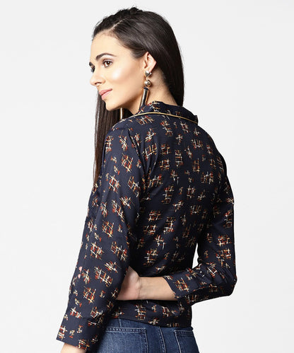 Navy Blue Front Placket Printed Top With Notched Collar & Full Sleeve | LASVINI - Redefining Indian Fashion with Elegance