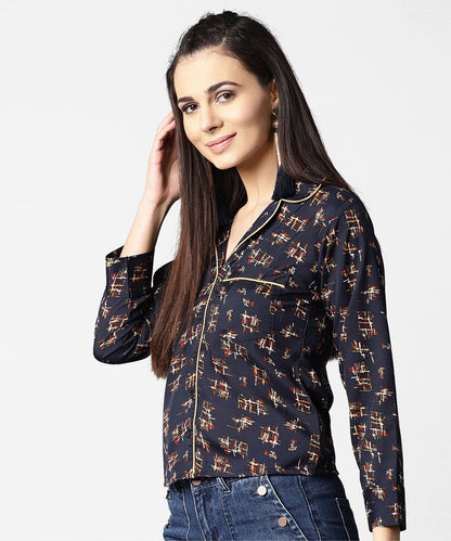 Navy Blue Front Placket Printed Top With Notched Collar & Full Sleeve | LASVINI - Redefining Indian Fashion with Elegance