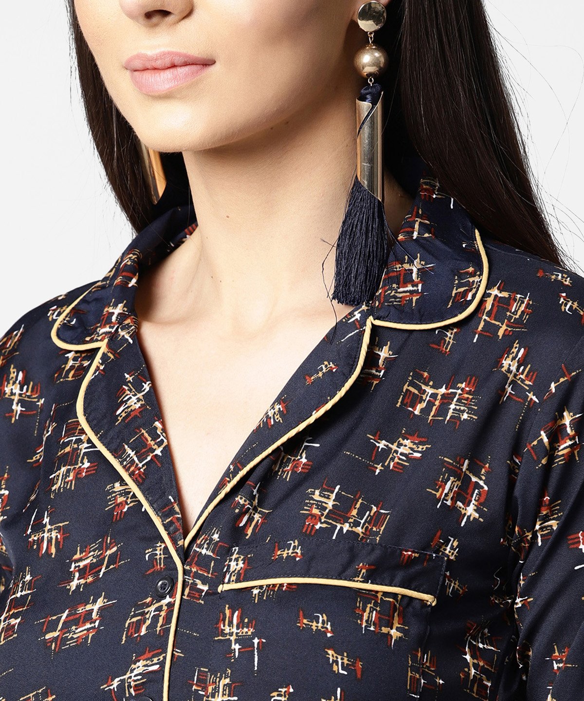 Navy Blue Front Placket Printed Top With Notched Collar & Full Sleeve | LASVINI - Redefining Indian Fashion with Elegance