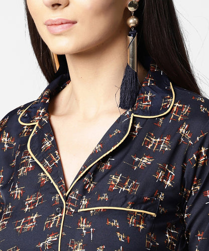 Navy Blue Front Placket Printed Top With Notched Collar & Full Sleeve | LASVINI - Redefining Indian Fashion with Elegance