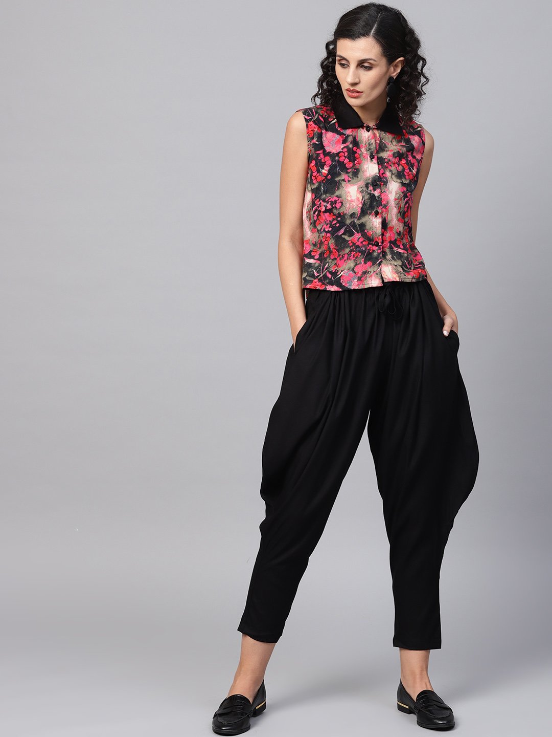 Pink & Black Printed Sleeveless Tops With Black Ankle Length Balloon Pant | LASVINI - Redefining Indian Fashion with Elegance