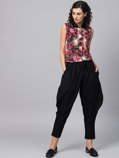 Pink & Black Printed Sleeveless Tops With Black Ankle Length Balloon Pant | LASVINI - Redefining Indian Fashion with Elegance